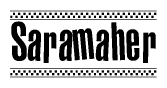 The image contains the text Saramaher in a bold, stylized font, with a checkered flag pattern bordering the top and bottom of the text.