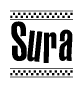 The image is a black and white clipart of the text Sura in a bold, italicized font. The text is bordered by a dotted line on the top and bottom, and there are checkered flags positioned at both ends of the text, usually associated with racing or finishing lines.
