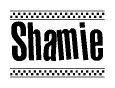 The clipart image displays the text Shamie in a bold, stylized font. It is enclosed in a rectangular border with a checkerboard pattern running below and above the text, similar to a finish line in racing. 