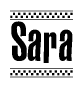 The clipart image displays the text Sara in a bold, stylized font. It is enclosed in a rectangular border with a checkerboard pattern running below and above the text, similar to a finish line in racing. 