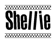 The image is a black and white clipart of the text Shellie in a bold, italicized font. The text is bordered by a dotted line on the top and bottom, and there are checkered flags positioned at both ends of the text, usually associated with racing or finishing lines.