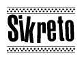 The image is a black and white clipart of the text Sikreto in a bold, italicized font. The text is bordered by a dotted line on the top and bottom, and there are checkered flags positioned at both ends of the text, usually associated with racing or finishing lines.