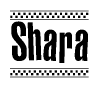 The image is a black and white clipart of the text Shara in a bold, italicized font. The text is bordered by a dotted line on the top and bottom, and there are checkered flags positioned at both ends of the text, usually associated with racing or finishing lines.