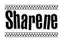 The image is a black and white clipart of the text Sharene in a bold, italicized font. The text is bordered by a dotted line on the top and bottom, and there are checkered flags positioned at both ends of the text, usually associated with racing or finishing lines.