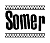 The image is a black and white clipart of the text Somer in a bold, italicized font. The text is bordered by a dotted line on the top and bottom, and there are checkered flags positioned at both ends of the text, usually associated with racing or finishing lines.