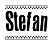The image is a black and white clipart of the text Stefan in a bold, italicized font. The text is bordered by a dotted line on the top and bottom, and there are checkered flags positioned at both ends of the text, usually associated with racing or finishing lines.