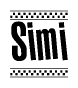 The image is a black and white clipart of the text Simi in a bold, italicized font. The text is bordered by a dotted line on the top and bottom, and there are checkered flags positioned at both ends of the text, usually associated with racing or finishing lines.