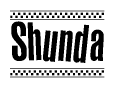 The image is a black and white clipart of the text Shunda in a bold, italicized font. The text is bordered by a dotted line on the top and bottom, and there are checkered flags positioned at both ends of the text, usually associated with racing or finishing lines.