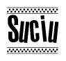The image is a black and white clipart of the text Suciu in a bold, italicized font. The text is bordered by a dotted line on the top and bottom, and there are checkered flags positioned at both ends of the text, usually associated with racing or finishing lines.