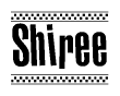 The clipart image displays the text Shiree in a bold, stylized font. It is enclosed in a rectangular border with a checkerboard pattern running below and above the text, similar to a finish line in racing. 