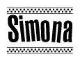 The image is a black and white clipart of the text Simona in a bold, italicized font. The text is bordered by a dotted line on the top and bottom, and there are checkered flags positioned at both ends of the text, usually associated with racing or finishing lines.