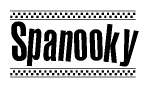 The image is a black and white clipart of the text Spanooky in a bold, italicized font. The text is bordered by a dotted line on the top and bottom, and there are checkered flags positioned at both ends of the text, usually associated with racing or finishing lines.
