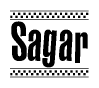 The image contains the text Sagar in a bold, stylized font, with a checkered flag pattern bordering the top and bottom of the text.