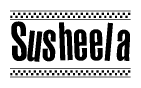 The image contains the text Susheela in a bold, stylized font, with a checkered flag pattern bordering the top and bottom of the text.