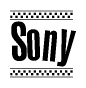 The image is a black and white clipart of the text Sony in a bold, italicized font. The text is bordered by a dotted line on the top and bottom, and there are checkered flags positioned at both ends of the text, usually associated with racing or finishing lines.