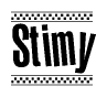 The image contains the text Stimy in a bold, stylized font, with a checkered flag pattern bordering the top and bottom of the text.