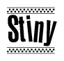 The image is a black and white clipart of the text Stiny in a bold, italicized font. The text is bordered by a dotted line on the top and bottom, and there are checkered flags positioned at both ends of the text, usually associated with racing or finishing lines.