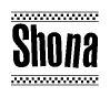 The clipart image displays the text Shona in a bold, stylized font. It is enclosed in a rectangular border with a checkerboard pattern running below and above the text, similar to a finish line in racing. 
