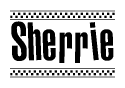 The clipart image displays the text Sherrie in a bold, stylized font. It is enclosed in a rectangular border with a checkerboard pattern running below and above the text, similar to a finish line in racing. 