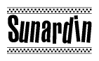 The image is a black and white clipart of the text Sunardin in a bold, italicized font. The text is bordered by a dotted line on the top and bottom, and there are checkered flags positioned at both ends of the text, usually associated with racing or finishing lines.