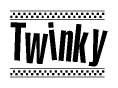 The image is a black and white clipart of the text Twinky in a bold, italicized font. The text is bordered by a dotted line on the top and bottom, and there are checkered flags positioned at both ends of the text, usually associated with racing or finishing lines.