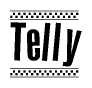 The clipart image displays the text Telly in a bold, stylized font. It is enclosed in a rectangular border with a checkerboard pattern running below and above the text, similar to a finish line in racing. 