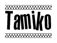 The clipart image displays the text Tamiko in a bold, stylized font. It is enclosed in a rectangular border with a checkerboard pattern running below and above the text, similar to a finish line in racing. 