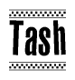 The clipart image displays the text Tash in a bold, stylized font. It is enclosed in a rectangular border with a checkerboard pattern running below and above the text, similar to a finish line in racing. 