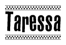 The image contains the text Taressa in a bold, stylized font, with a checkered flag pattern bordering the top and bottom of the text.