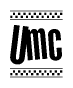 The image is a black and white clipart of the text Umc in a bold, italicized font. The text is bordered by a dotted line on the top and bottom, and there are checkered flags positioned at both ends of the text, usually associated with racing or finishing lines.