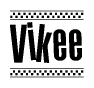 The image is a black and white clipart of the text Vikee in a bold, italicized font. The text is bordered by a dotted line on the top and bottom, and there are checkered flags positioned at both ends of the text, usually associated with racing or finishing lines.