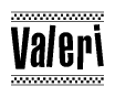 The image contains the text Valeri in a bold, stylized font, with a checkered flag pattern bordering the top and bottom of the text.