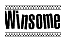 The image is a black and white clipart of the text Winsome in a bold, italicized font. The text is bordered by a dotted line on the top and bottom, and there are checkered flags positioned at both ends of the text, usually associated with racing or finishing lines.