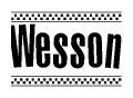 The image is a black and white clipart of the text Wesson in a bold, italicized font. The text is bordered by a dotted line on the top and bottom, and there are checkered flags positioned at both ends of the text, usually associated with racing or finishing lines.