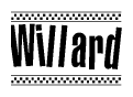 The clipart image displays the text Willard in a bold, stylized font. It is enclosed in a rectangular border with a checkerboard pattern running below and above the text, similar to a finish line in racing. 