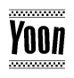 The clipart image displays the text Yoon in a bold, stylized font. It is enclosed in a rectangular border with a checkerboard pattern running below and above the text, similar to a finish line in racing. 