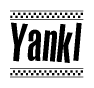 The image is a black and white clipart of the text Yankl in a bold, italicized font. The text is bordered by a dotted line on the top and bottom, and there are checkered flags positioned at both ends of the text, usually associated with racing or finishing lines.