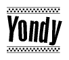 The clipart image displays the text Yondy in a bold, stylized font. It is enclosed in a rectangular border with a checkerboard pattern running below and above the text, similar to a finish line in racing. 