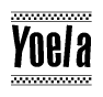 The clipart image displays the text Yoela in a bold, stylized font. It is enclosed in a rectangular border with a checkerboard pattern running below and above the text, similar to a finish line in racing. 