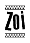 The image contains the text Zoi in a bold, stylized font, with a checkered flag pattern bordering the top and bottom of the text.
