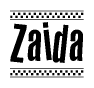 The image contains the text Zaida in a bold, stylized font, with a checkered flag pattern bordering the top and bottom of the text.