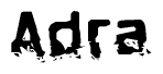 This nametag says Adra, and has a static looking effect at the bottom of the words. The words are in a stylized font.