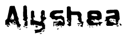 This nametag says Alyshea, and has a static looking effect at the bottom of the words. The words are in a stylized font.