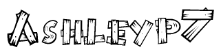 The image contains the name Ashleyp7 written in a decorative, stylized font with a hand-drawn appearance. The lines are made up of what appears to be planks of wood, which are nailed together