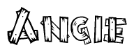 The image contains the name Angie written in a decorative, stylized font with a hand-drawn appearance. The lines are made up of what appears to be planks of wood, which are nailed together