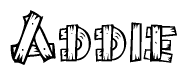 The image contains the name Addie written in a decorative, stylized font with a hand-drawn appearance. The lines are made up of what appears to be planks of wood, which are nailed together