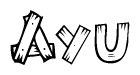 The image contains the name Ayu written in a decorative, stylized font with a hand-drawn appearance. The lines are made up of what appears to be planks of wood, which are nailed together