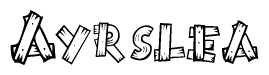The image contains the name Ayrslea written in a decorative, stylized font with a hand-drawn appearance. The lines are made up of what appears to be planks of wood, which are nailed together