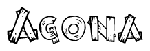 The image contains the name Agona written in a decorative, stylized font with a hand-drawn appearance. The lines are made up of what appears to be planks of wood, which are nailed together