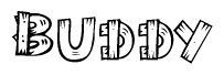 The image contains the name Buddy written in a decorative, stylized font with a hand-drawn appearance. The lines are made up of what appears to be planks of wood, which are nailed together